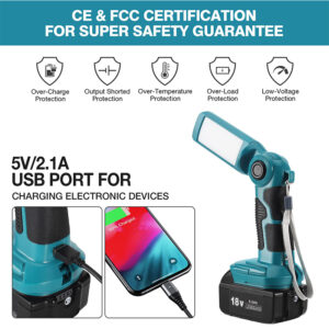 12w led work light with 5v 2.1a usb port 90 degree pivoting head